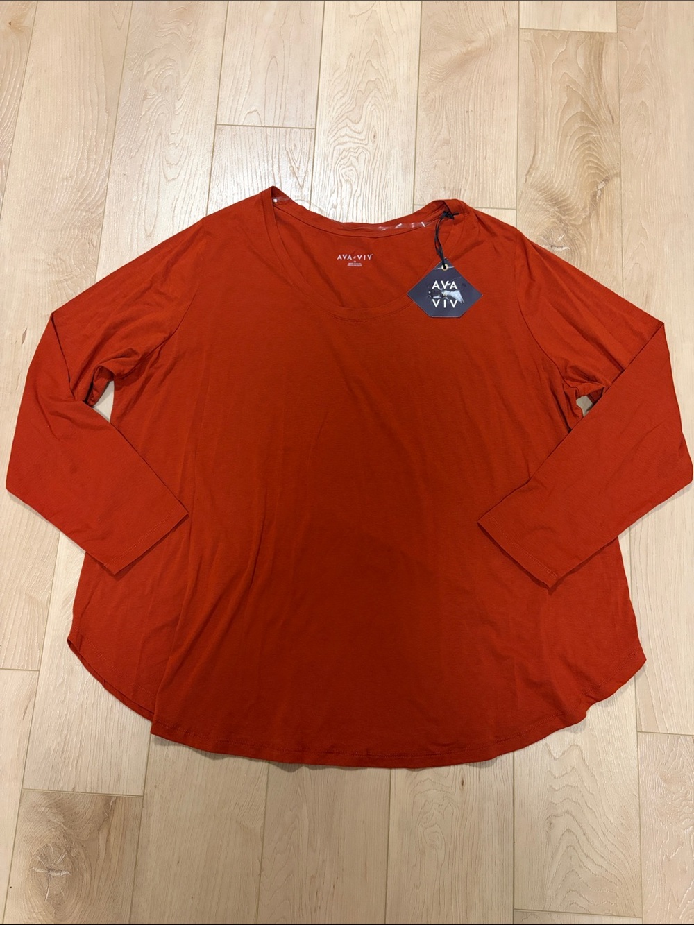 AVA & VIV Cotton Modal Blend Scoop Neck Long Sleeve, Rust, sz 3X